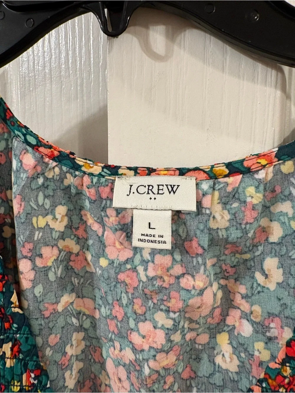 J.Crew V-Neck Smocked Midi Dress L Green Floral Cottagecore Prairie modest BK526